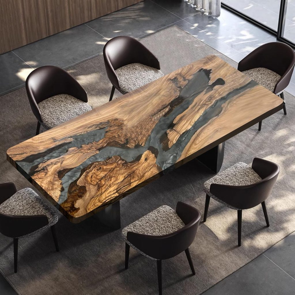 Olive Wood Custom Epoxy Resin Dining Table, Ocean Wave, River, Solid Wood Indoor Modern Kitchen Table Furniture for Dining Room