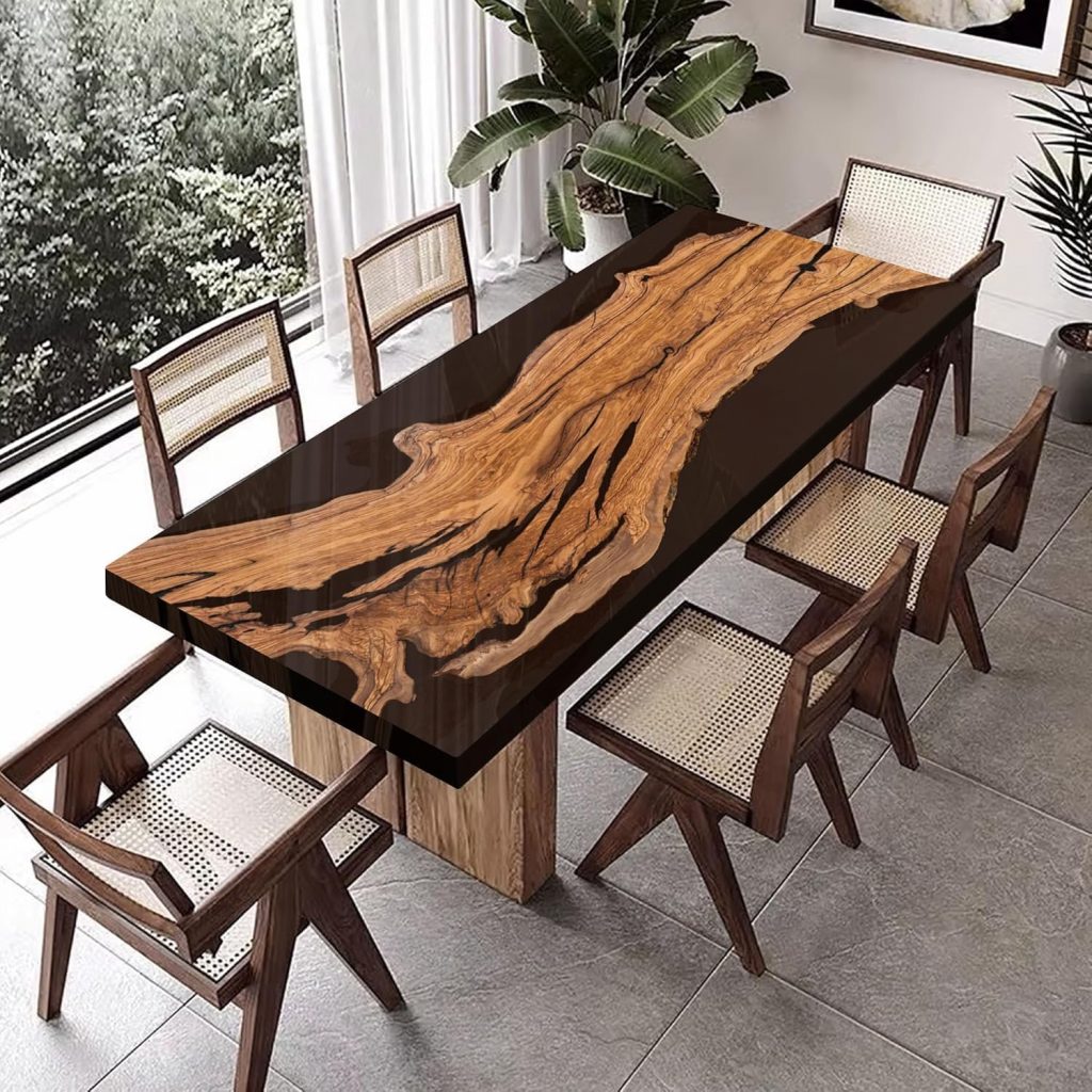 Olive Wood Conference Table, Epoxy Resin River Table, Custom Large Solid Wooden Meeting, Podcast, Training for Office Conference