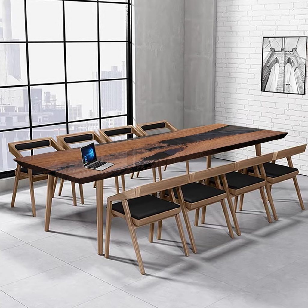 Black Walnut Custom Conference Table, Epoxy Resin River Table, Large Solid Wooden Meeting, Podcast, Training for Office Conference