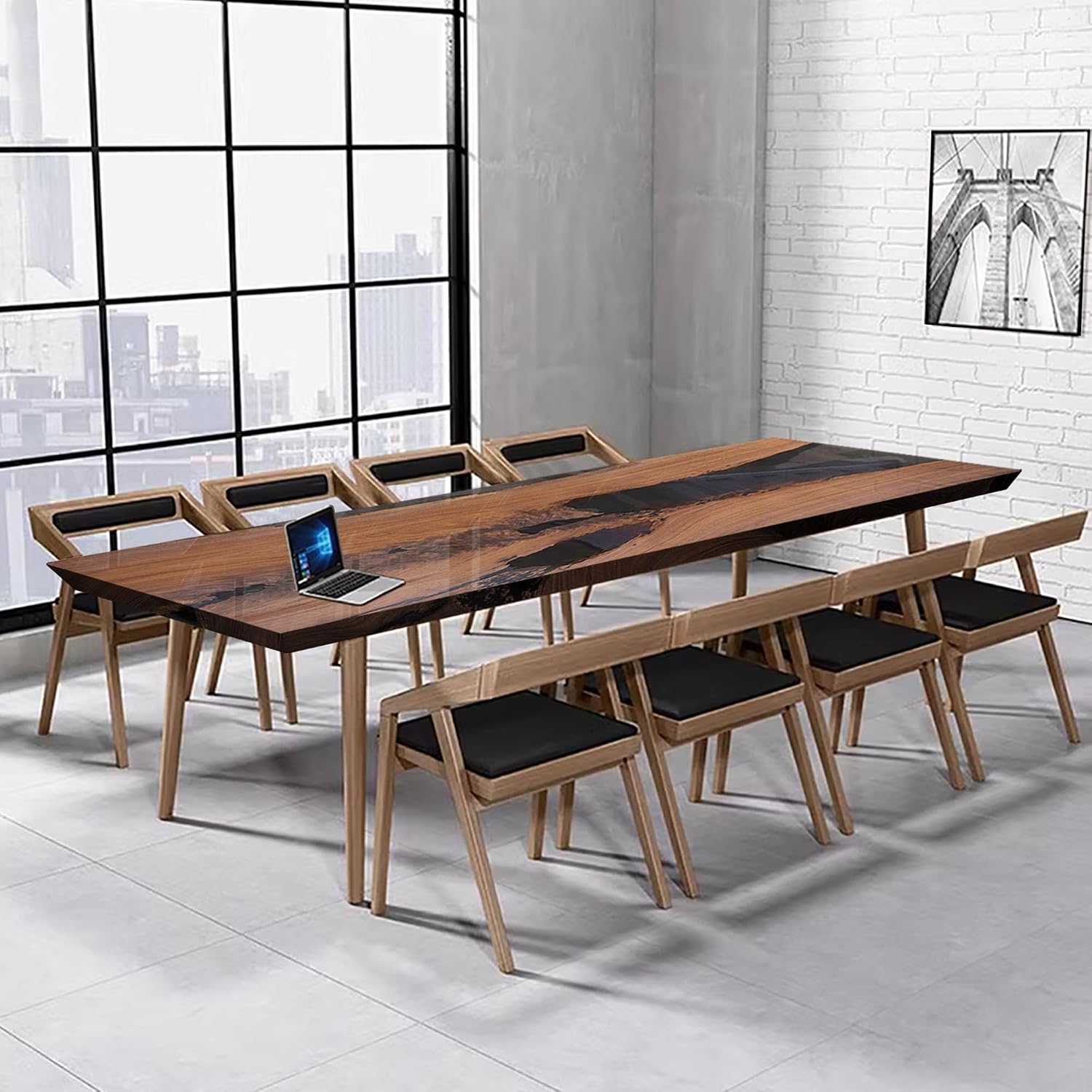 Black Walnut Custom Conference Table, Epoxy Resin River Table, Large Solid Wooden Meeting, Podcast, Training for Office Conference