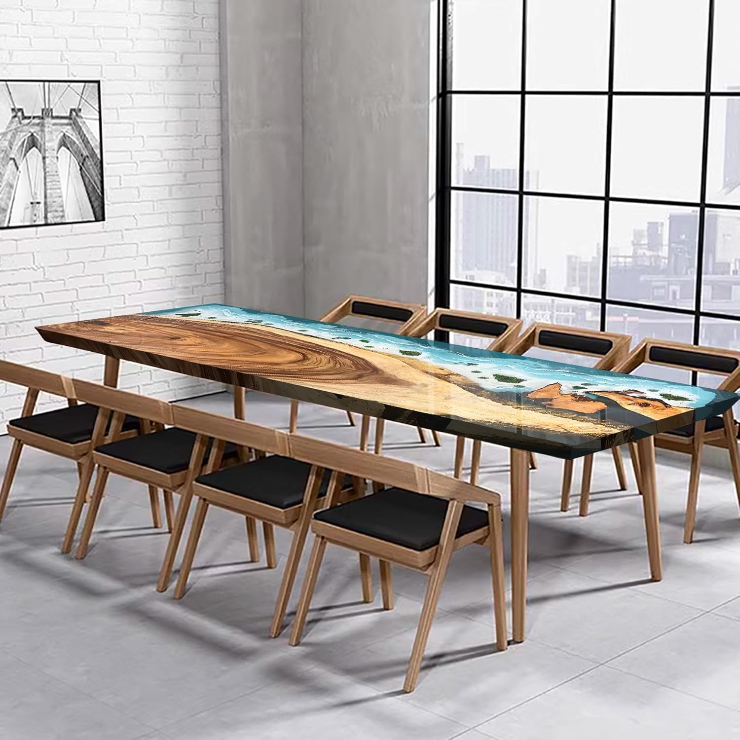 Walnut Office Conference Table, Custom Large Epoxy Resin River Table, Solid Wooden, Meeting, Podcast, Training