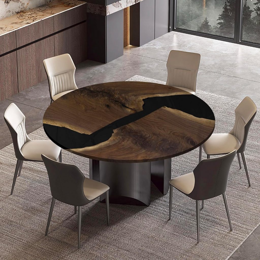 Black Walnut Custom Round Dining Table, Epoxy Resin Table, Large River Table, Solid Wood Indoor Modern Kitchen Table Furniture for Dining Room