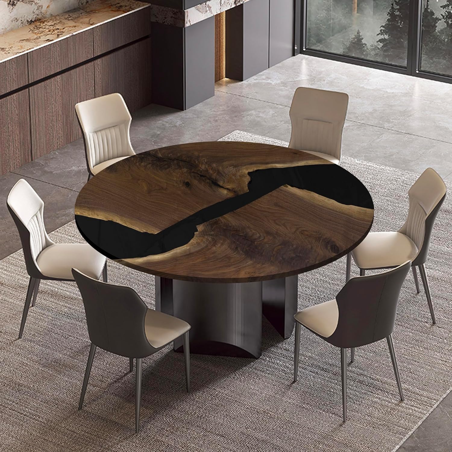 Black Walnut Custom Round Dining Table, Epoxy Resin Table, Large River Table, Solid Wood Indoor Modern Kitchen Table Furniture for Dining Room