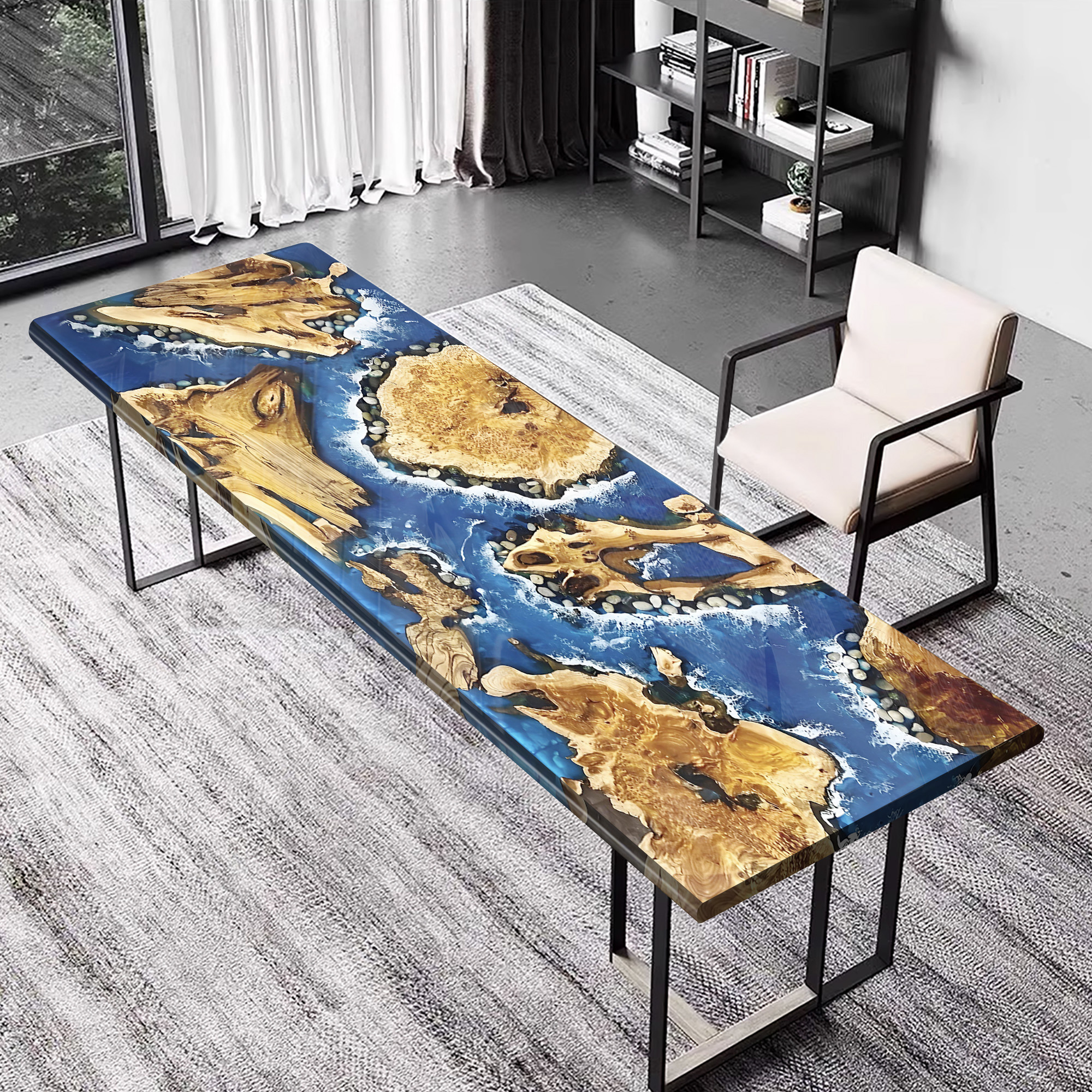Walnut Wood Table 60" L x 38" W, Executive Desk, Custom Large Epoxy River Table, Solid Wood Slabs Table, Large Computer Office Desk Workstation, Business Furniture for Home Office (ERT24012)